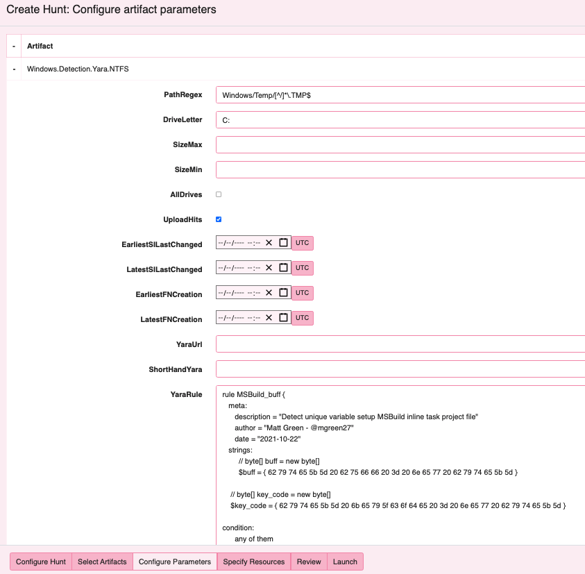 Windows.Detection.Yara.NTFS hunt configuration