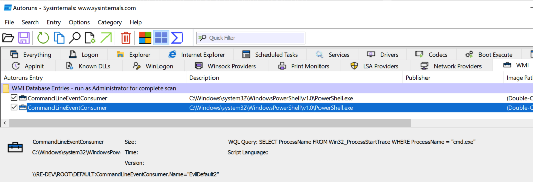Autoruns 14.07: detects root/default and root/subscription namespace WMI event consumers